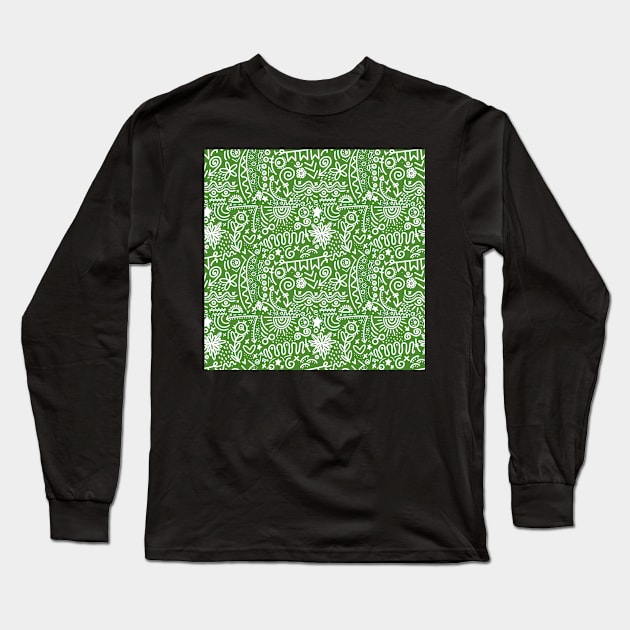 Green Bohemian Doodle Long Sleeve T-Shirt by LouBlakeyDesign